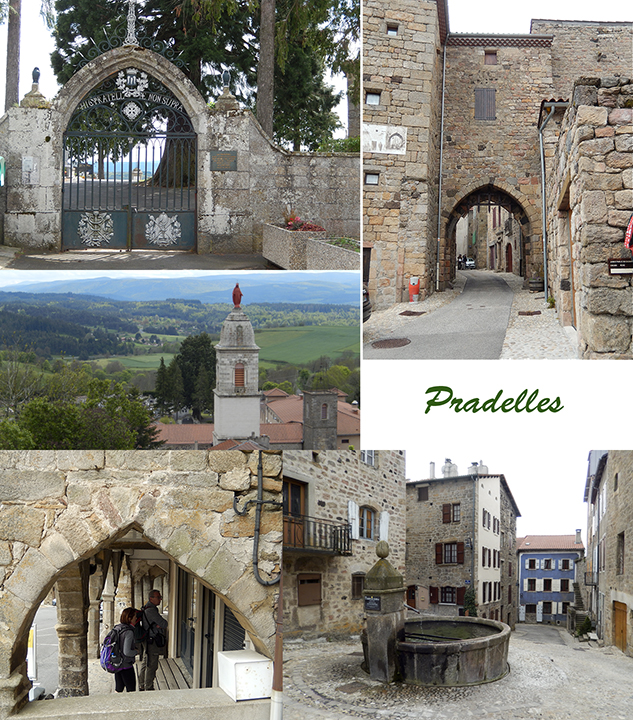 Pradelles : le cimetière, la porte du Besset (portail sud de la citadelle), la chapelle Notre-Dame à la vierge rouge, l'office du tourisme, la fontaine du melon, 