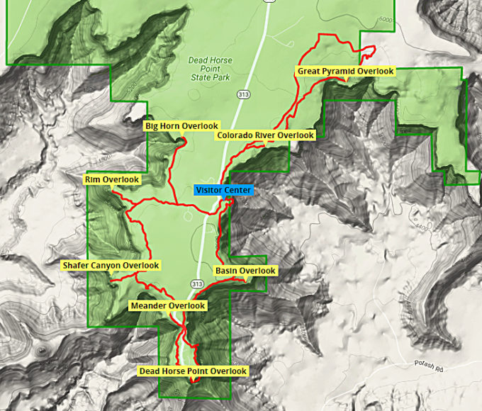 Dead Horse Point State park, localisation des points de vue